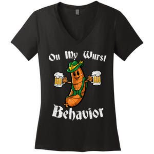 On My Wurst Behavior Funny Bratwurst German Oktoberfest Women's V-Neck T-Shirt