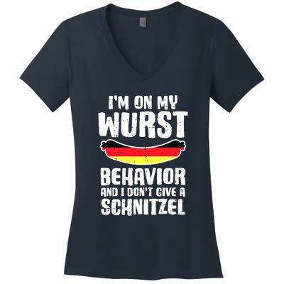 On My Wurst Behavior Dont Give Schnitzel Funny Oktoberfest Women's V-Neck T-Shirt