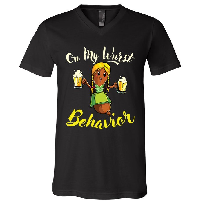 On My Wurst Behavior Funny Bratwurst German Oktoberfest V-Neck T-Shirt