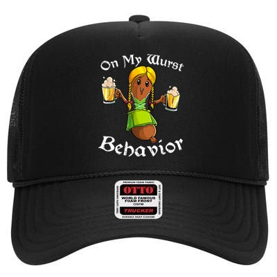 On My Wurst Behavior Oktoberfest German Funny High Crown Mesh Back Trucker Hat