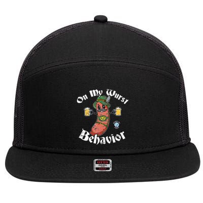 On My Wurst Behavior Funny Bratwurst Oktoberfest 7 Panel Mesh Trucker Snapback Hat