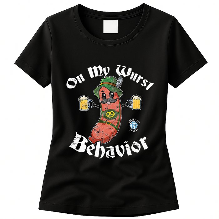 On My Wurst Behavior Funny Bratwurst Oktoberfest Womens T-Shirt