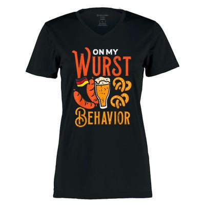 On My Wurst Behavior Funny Bavarian Oktoberfest Women's Momentum V-Neck T-Shirt