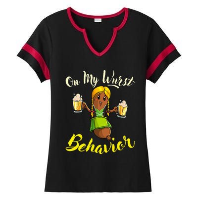 On My Wurst Behavior Funny Bratwurst German Oktoberfest Ladies Halftime Notch Neck Tee