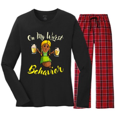 On My Wurst Behavior Funny Bratwurst German Oktoberfest Women's Long Sleeve Flannel Pajama Set 