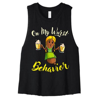 On My Wurst Behavior Funny Bratwurst German Oktoberfest Women's Racerback Cropped Tank