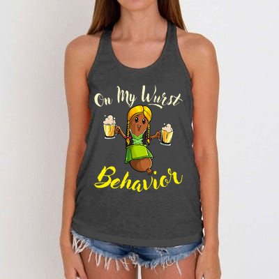 On My Wurst Behavior Funny Bratwurst German Oktoberfest Women's Knotted Racerback Tank