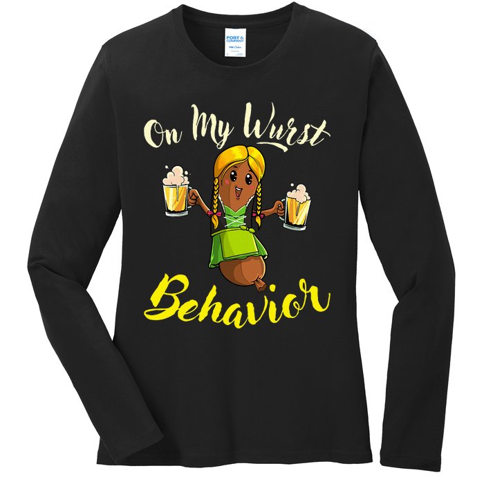 On My Wurst Behavior Funny Bratwurst German Oktoberfest Ladies Long Sleeve Shirt