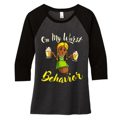 On My Wurst Behavior Funny Bratwurst German Oktoberfest Women's Tri-Blend 3/4-Sleeve Raglan Shirt