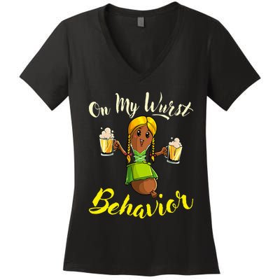 On My Wurst Behavior Funny Bratwurst German Oktoberfest Women's V-Neck T-Shirt