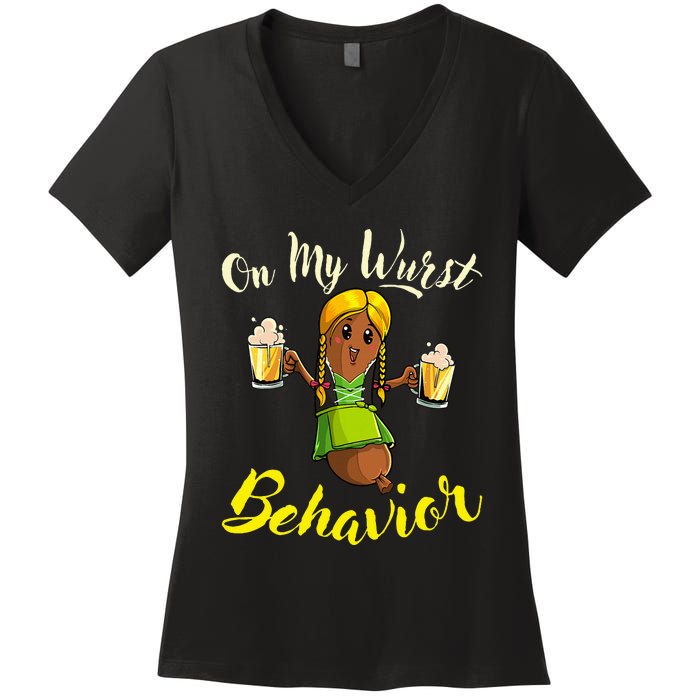 On My Wurst Behavior Funny Bratwurst German Oktoberfest Women's V-Neck T-Shirt