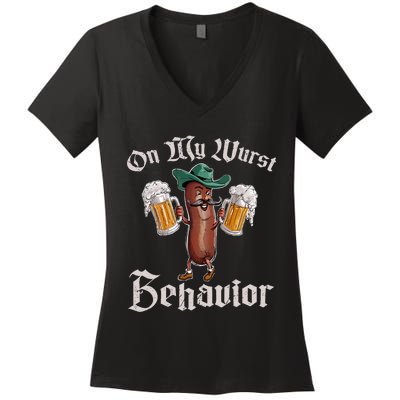 On My Wurst Behavior Funny Oktoberfest Women's V-Neck T-Shirt