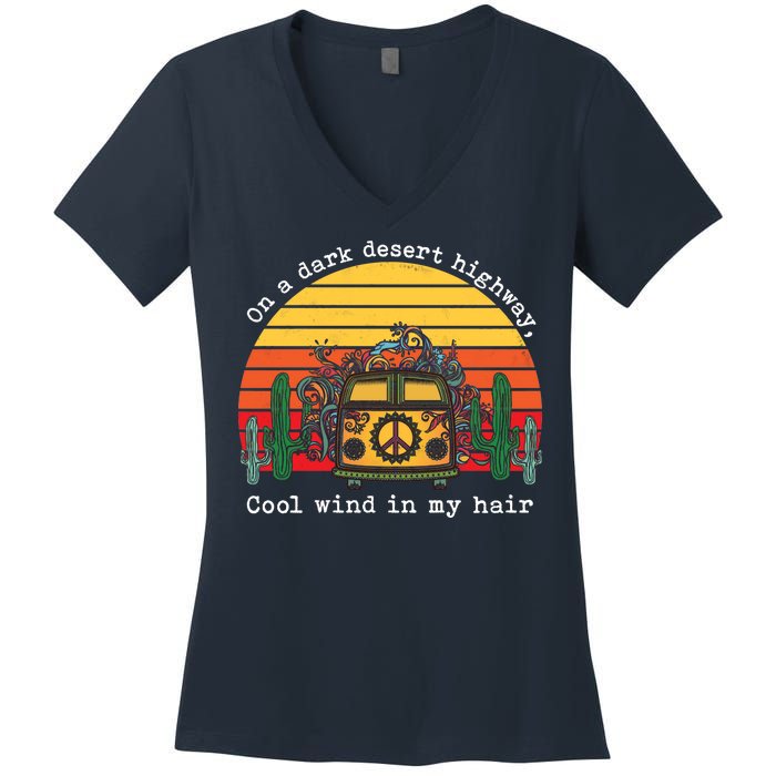  On A Dark Desert Highway Retro Women's V-Neck T-Shirt