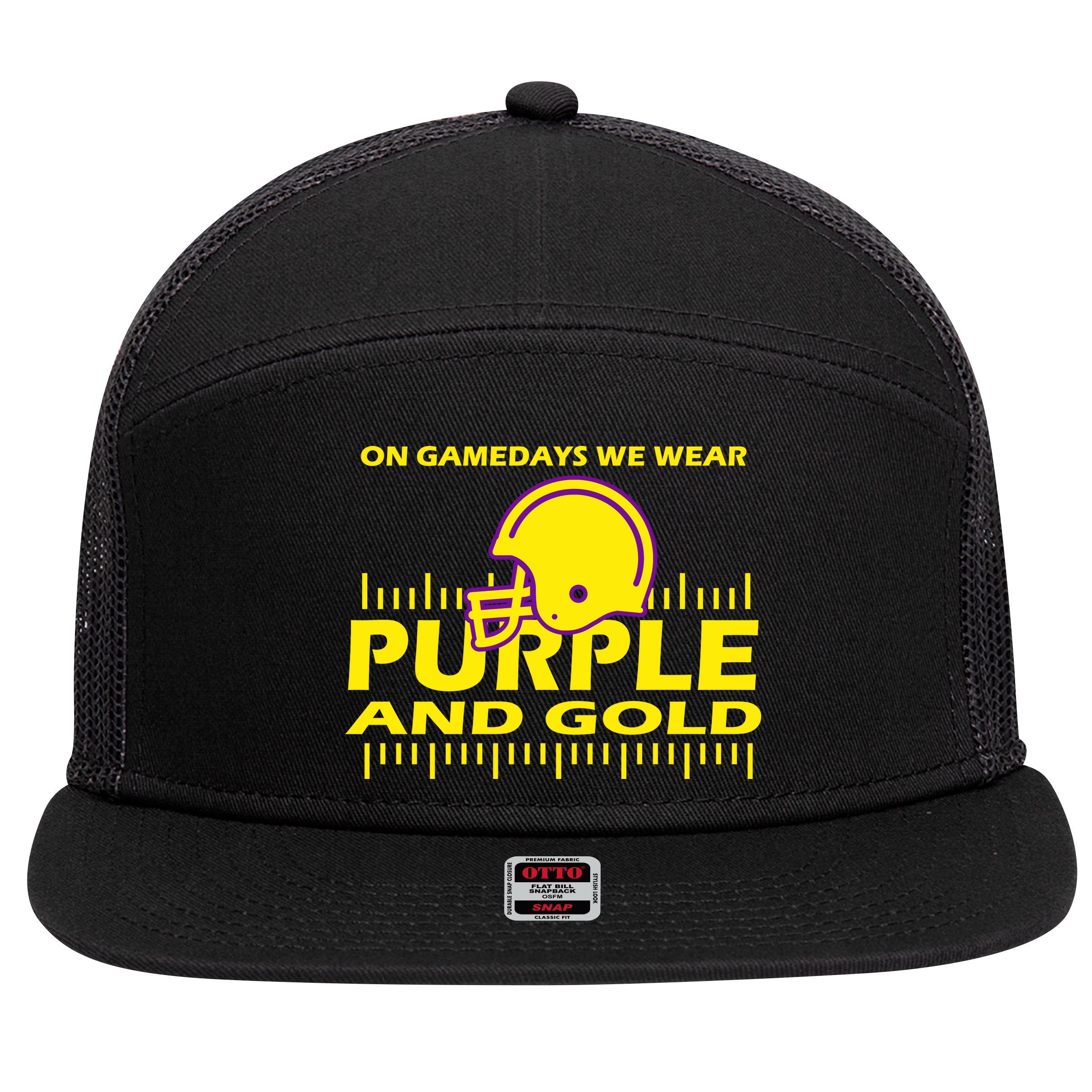On Gamedays We Wear Purple and Gold Football 7 Panel Mesh Trucker Snapback Hat