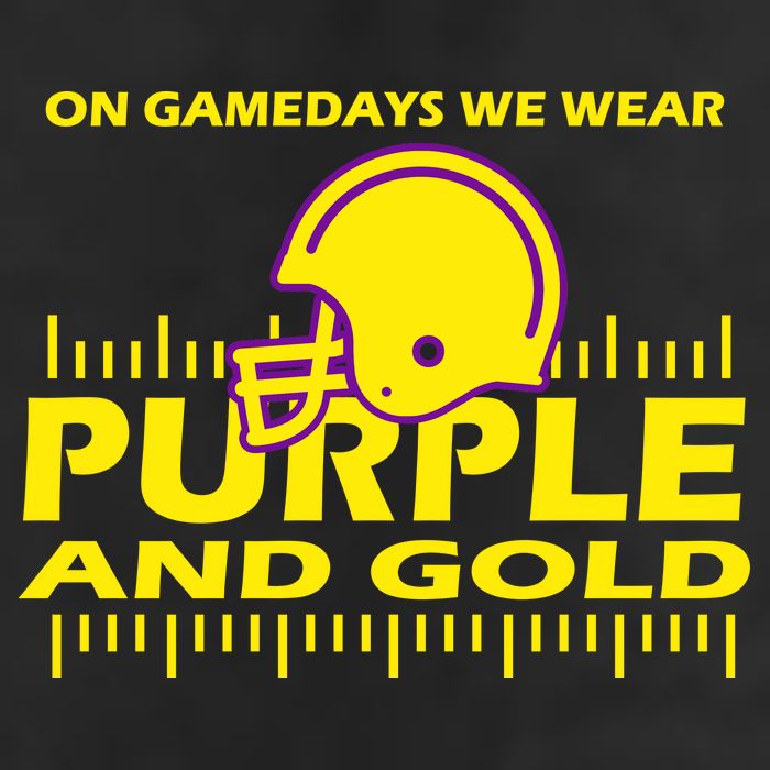 On Gamedays We Wear Purple and Gold Football 7 Panel Mesh Trucker Snapback Hat