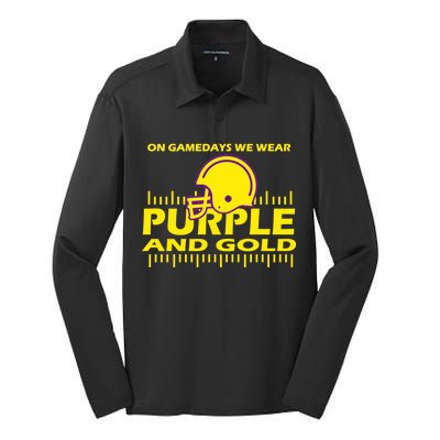 On Gamedays We Wear Purple and Gold Football Silk Touch Performance Long Sleeve Polo