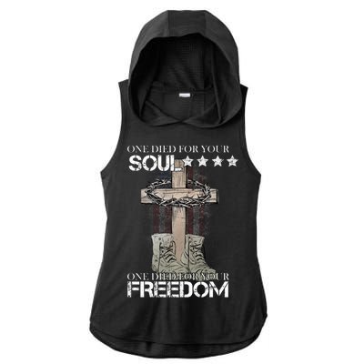 One Died For Your Soul And Freedom Ladies PosiCharge Tri-Blend Wicking Draft Hoodie Tank