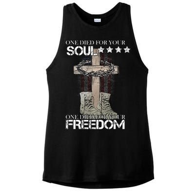 One Died For Your Soul And Freedom Ladies PosiCharge Tri-Blend Wicking Tank