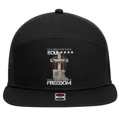 One Died For Your Soul And Freedom 7 Panel Mesh Trucker Snapback Hat