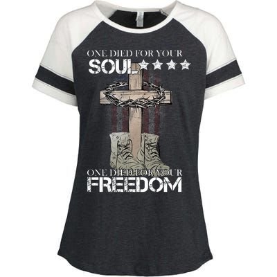 One Died For Your Soul And Freedom Enza Ladies Jersey Colorblock Tee