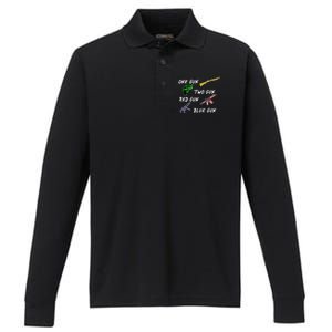 One Gun Two Gun Red Gun Blue Gun Performance Long Sleeve Polo