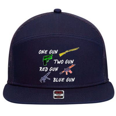 One Gun Two Gun Red Gun Blue Gun 7 Panel Mesh Trucker Snapback Hat