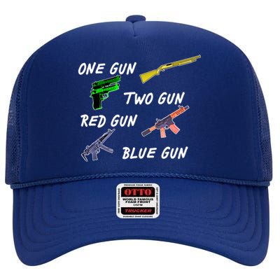 One Gun Two Gun Red Gun Blue Gun High Crown Mesh Back Trucker Hat