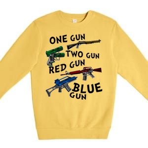 One Gun Two Gun Red Gun Blue Gun Funny Weapons Premium Crewneck Sweatshirt