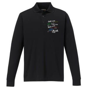 One Gun Two Gun Red Gun Blue Gun Funny Weapons Performance Long Sleeve Polo