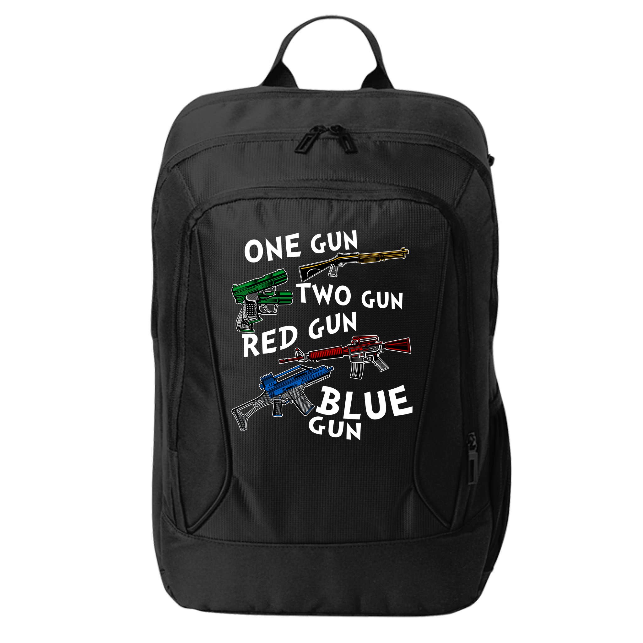 One Gun Two Gun Red Gun Blue Gun Funny Weapons City Backpack