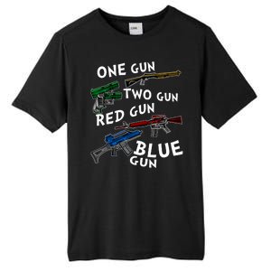 One Gun Two Gun Red Gun Blue Gun Funny Weapons Tall Fusion ChromaSoft Performance T-Shirt