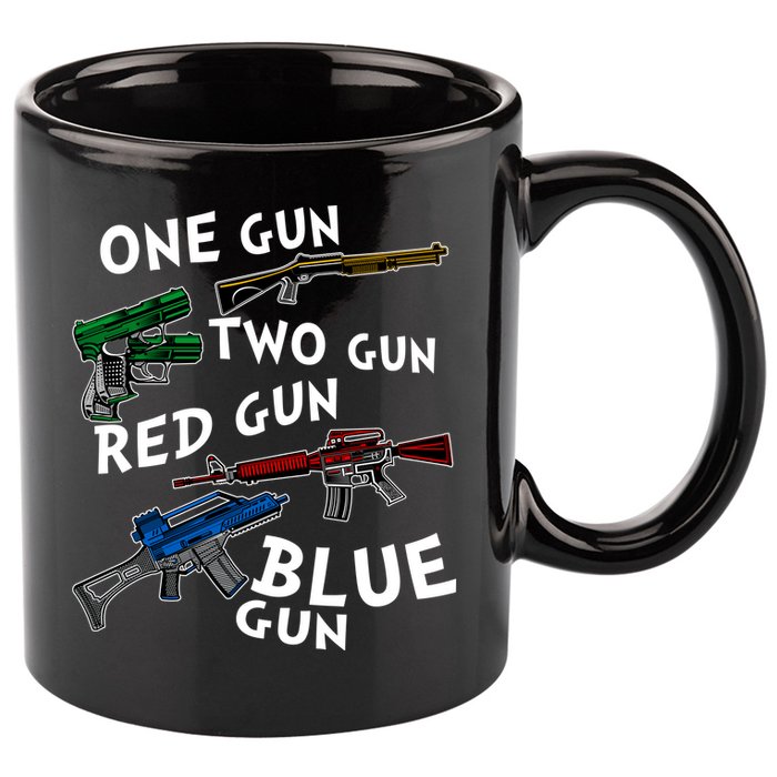 One Gun Two Gun Red Gun Blue Gun Funny Weapons 11oz C Handle Ceramic Mug