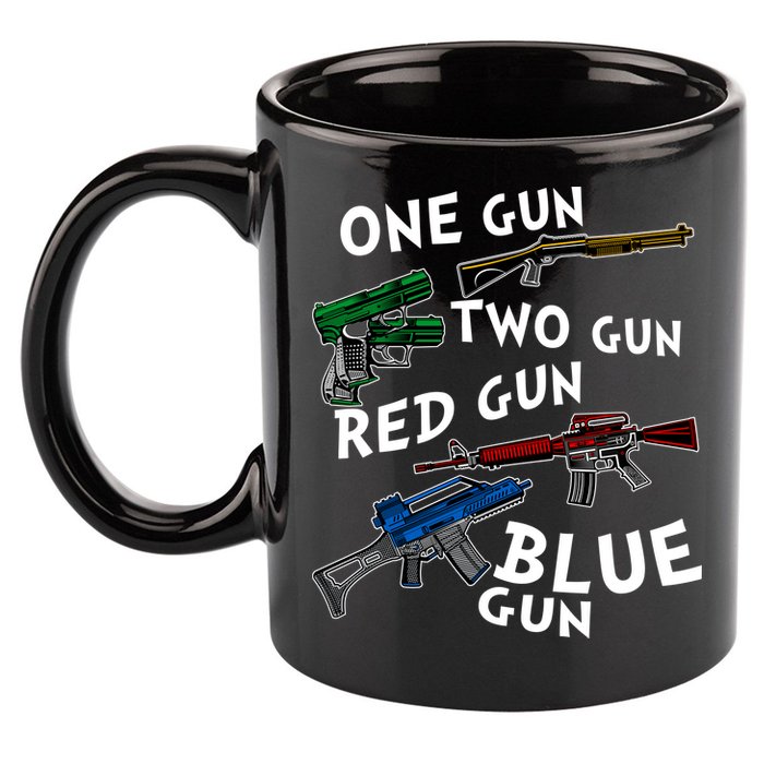 One Gun Two Gun Red Gun Blue Gun Funny Weapons 11oz C Handle Ceramic Mug