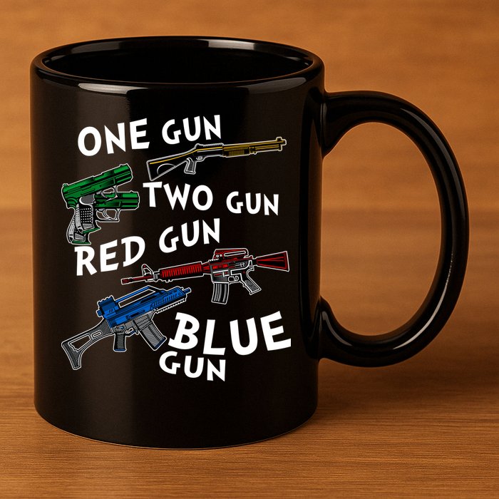 One Gun Two Gun Red Gun Blue Gun Funny Weapons 11oz C Handle Ceramic Mug