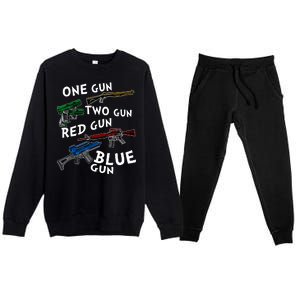 One Gun Two Gun Red Gun Blue Gun Funny Weapons Premium Crewneck Sweatsuit Set