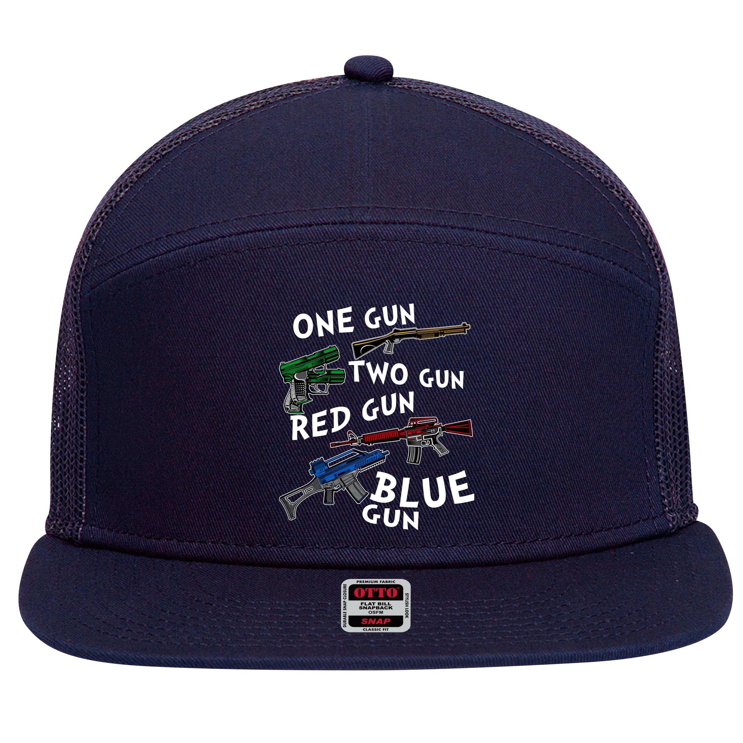 One Gun Two Gun Red Gun Blue Gun Funny Weapons 7 Panel Mesh Trucker Snapback Hat