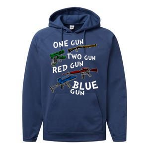 One Gun Two Gun Red Gun Blue Gun Funny Weapons Performance Fleece Hoodie