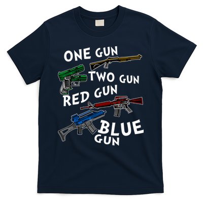 One Gun Two Gun Red Gun Blue Gun Funny Weapons T-Shirt