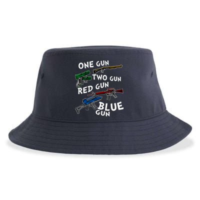 One Gun Two Gun Red Gun Blue Gun Funny Weapons Sustainable Bucket Hat
