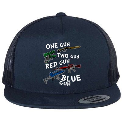 One Gun Two Gun Red Gun Blue Gun Funny Weapons Flatbill Hat