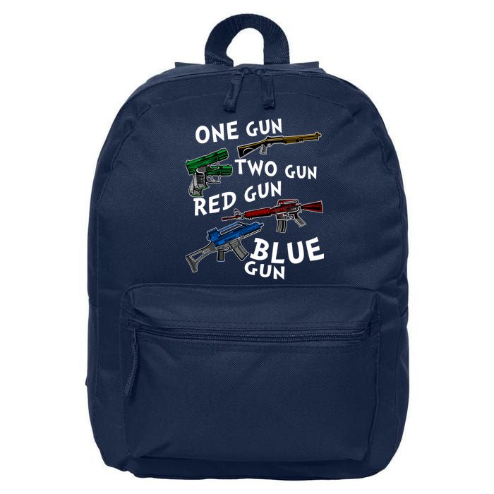 One Gun Two Gun Red Gun Blue Gun Funny Weapons 16 in Basic Backpack