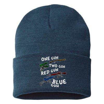 One Gun Two Gun Red Gun Blue Gun Funny Weapons Sustainable Knit Beanie