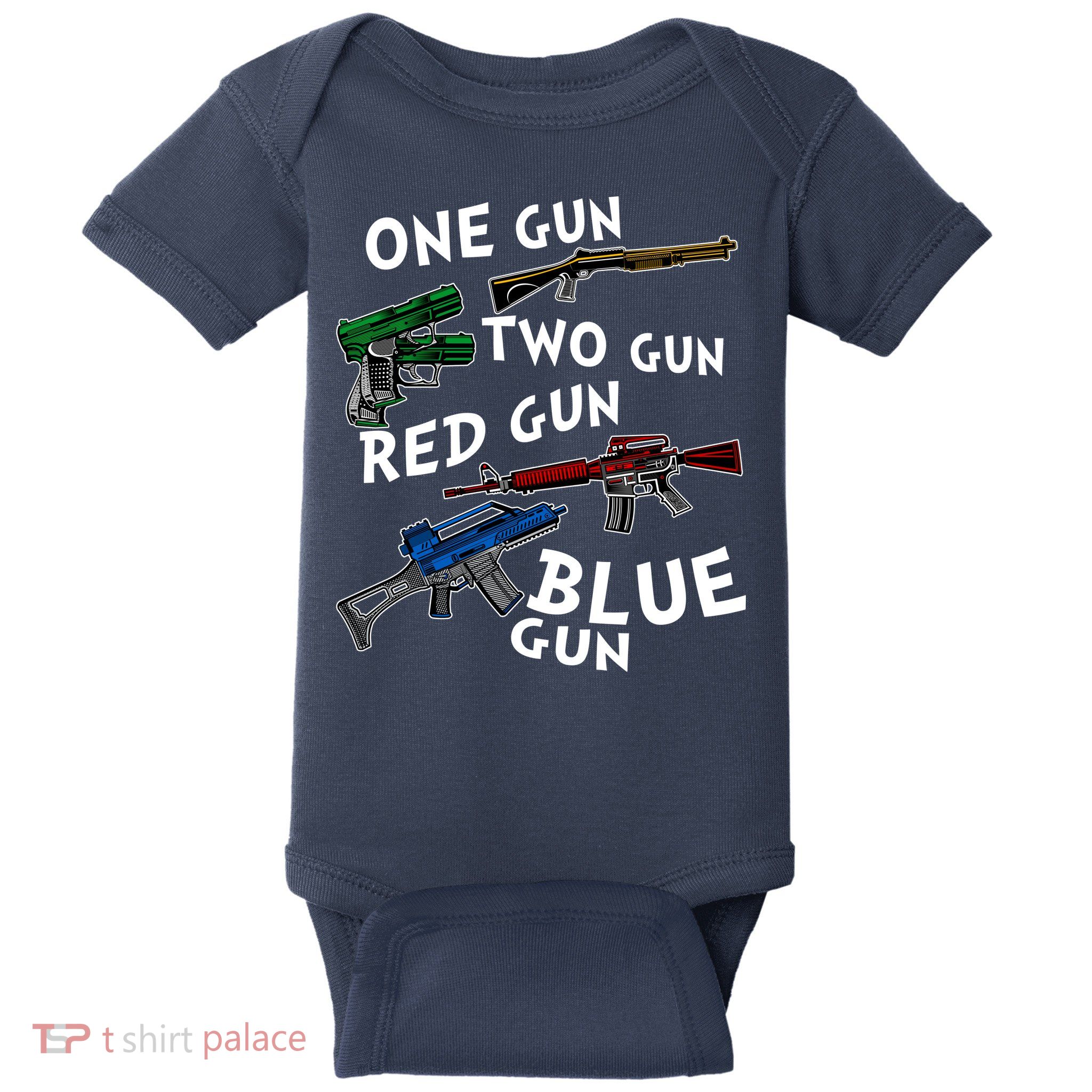 One Gun Two Gun Red Gun Blue Gun Funny Weapons Baby Bodysuit