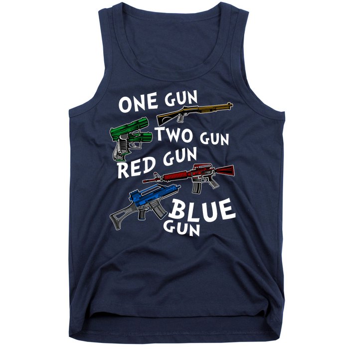 One Gun Two Gun Red Gun Blue Gun Funny Weapons Tank Top