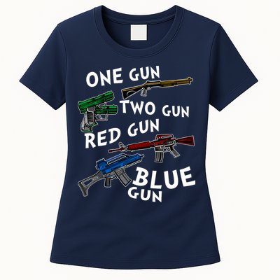 One Gun Two Gun Red Gun Blue Gun Funny Weapons Womens T-Shirt