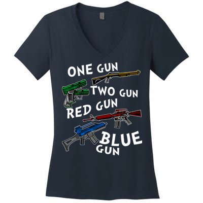 One Gun Two Gun Red Gun Blue Gun Funny Weapons Women's V-Neck T-Shirt