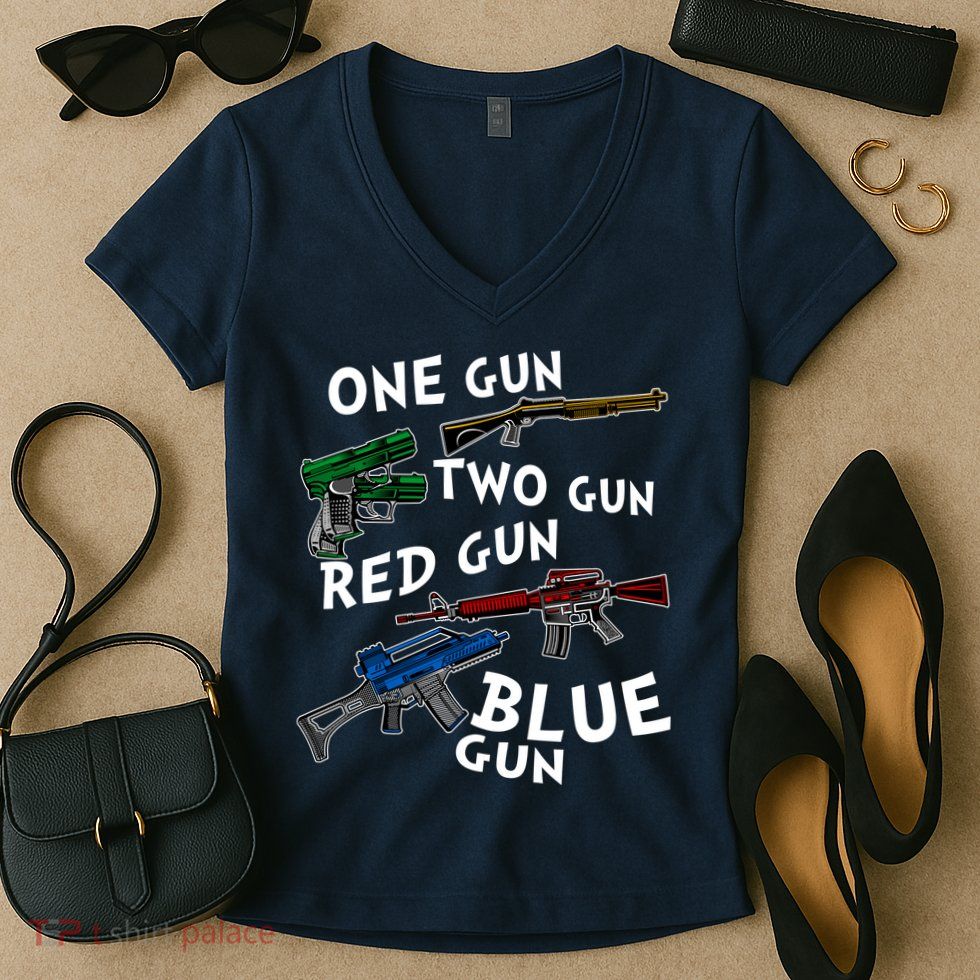 One Gun Two Gun Red Gun Blue Gun Funny Weapons Women's V-Neck T-Shirt