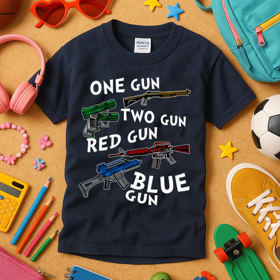 One Gun Two Gun Red Gun Blue Gun Funny Weapons Kids T-Shirt