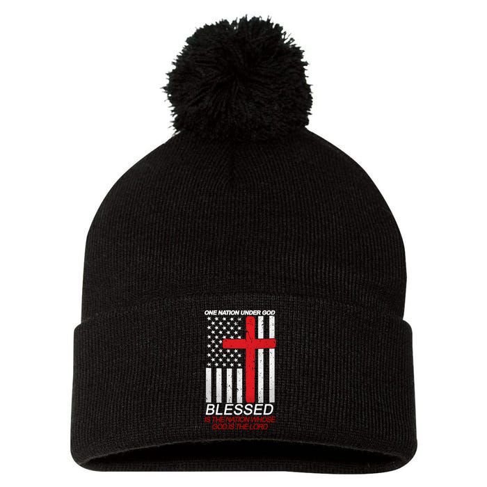 One Nation Under God Blessed Is The Nation Whose God Is The Lord Pom Pom 12in Knit Beanie