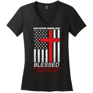 One Nation Under God Blessed Is The Nation Whose God Is The Lord Women's V-Neck T-Shirt